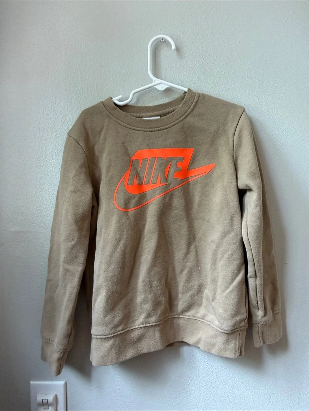 Nike Crewneck Sweatshirt in Tan with Bright Orange Logo